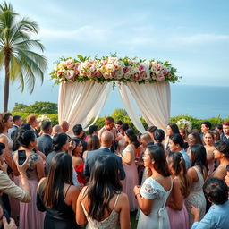 A beautifully decorated wedding altar surrounded by a diverse group of elegantly dressed guests smiling and mingling