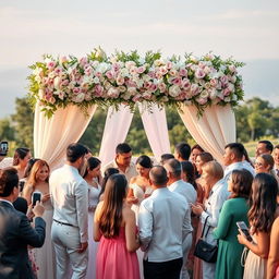 A beautifully decorated wedding altar surrounded by a diverse group of elegantly dressed guests smiling and mingling