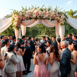 A beautifully decorated wedding altar surrounded by a diverse group of elegantly dressed guests smiling and mingling