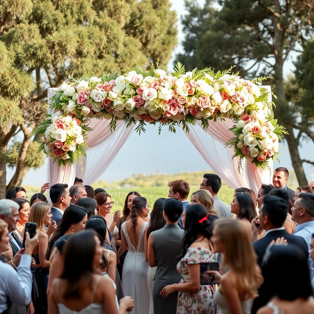 A beautifully decorated wedding altar surrounded by a diverse group of elegantly dressed guests smiling and mingling