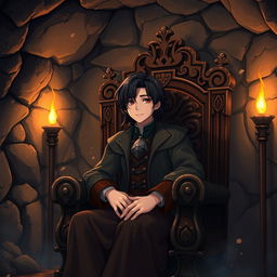 A human character with dark hair, appearing to be of medium age, seated on an intricately carved wooden throne in an underground room