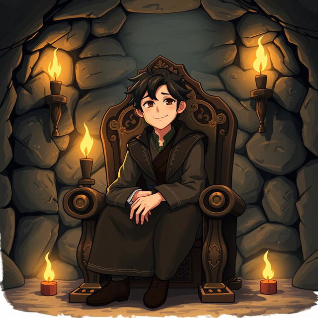 A human character with dark hair, appearing to be of medium age, seated on an intricately carved wooden throne in an underground room