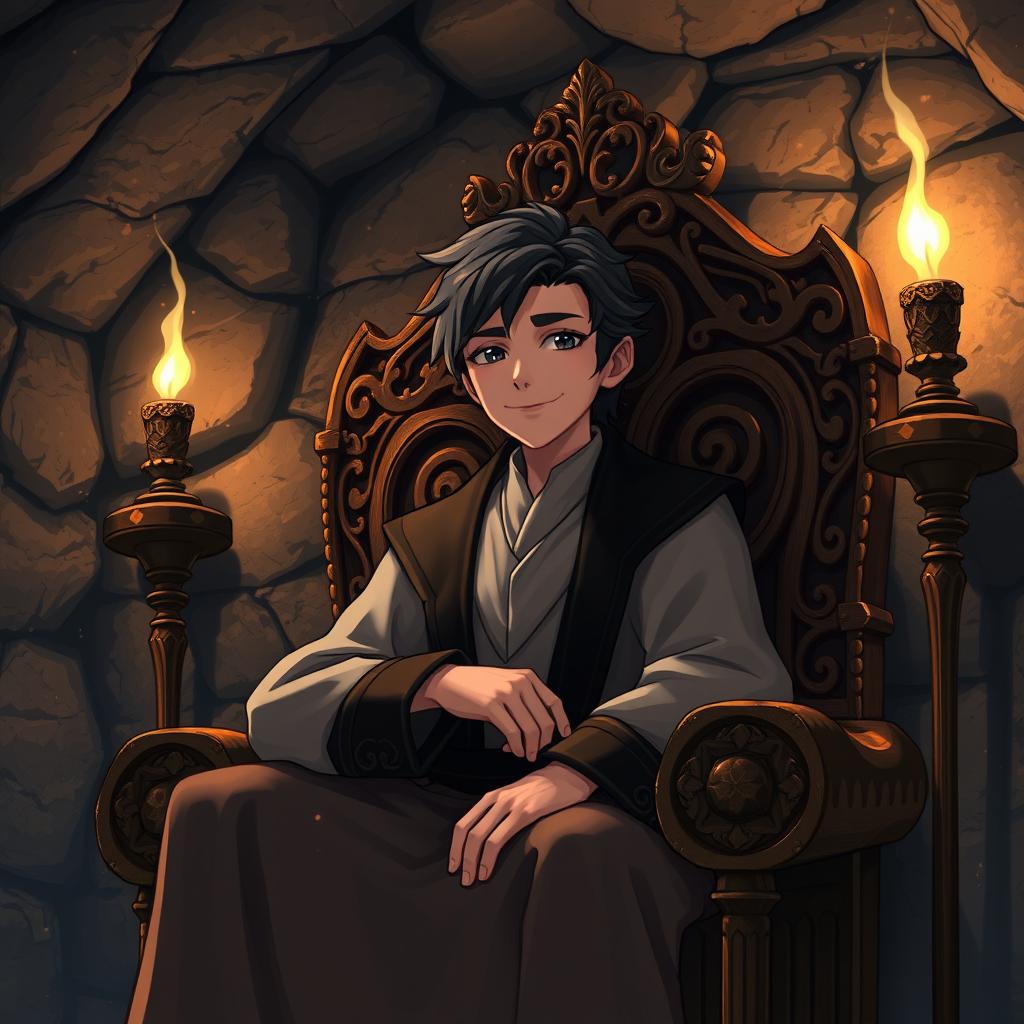 A human character with dark hair, appearing to be of medium age, seated on an intricately carved wooden throne in an underground room