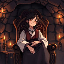 A human character with dark hair, appearing to be of medium age, seated on an intricately carved wooden throne in an underground room