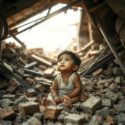 A poignant scene of resilience, depicting a small child sitting under the rubble of a collapsed house