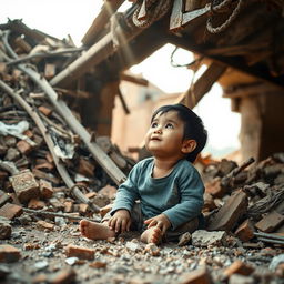A poignant scene of resilience, depicting a small child sitting under the rubble of a collapsed house