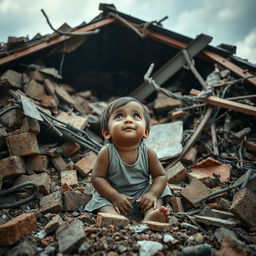 A poignant scene of resilience, depicting a small child sitting under the rubble of a collapsed house