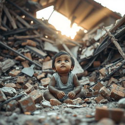 A poignant scene of resilience, depicting a small child sitting under the rubble of a collapsed house
