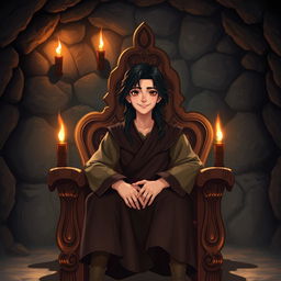 A human character with dark hair, appearing to be of medium age, seated on an elegantly carved wooden throne in an underground room