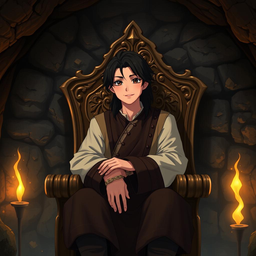 A human character with dark hair, appearing to be of medium age, seated on an elegantly carved wooden throne in an underground room