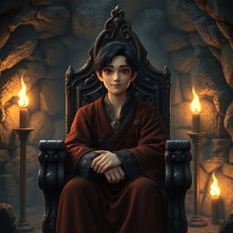 A human character with dark hair, appearing to be of medium age, seated on an elegantly carved wooden throne in an underground room
