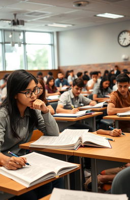 An image depicting a competitive exam setting, with a diverse group of focused students sitting at individual desks in a large lecture hall