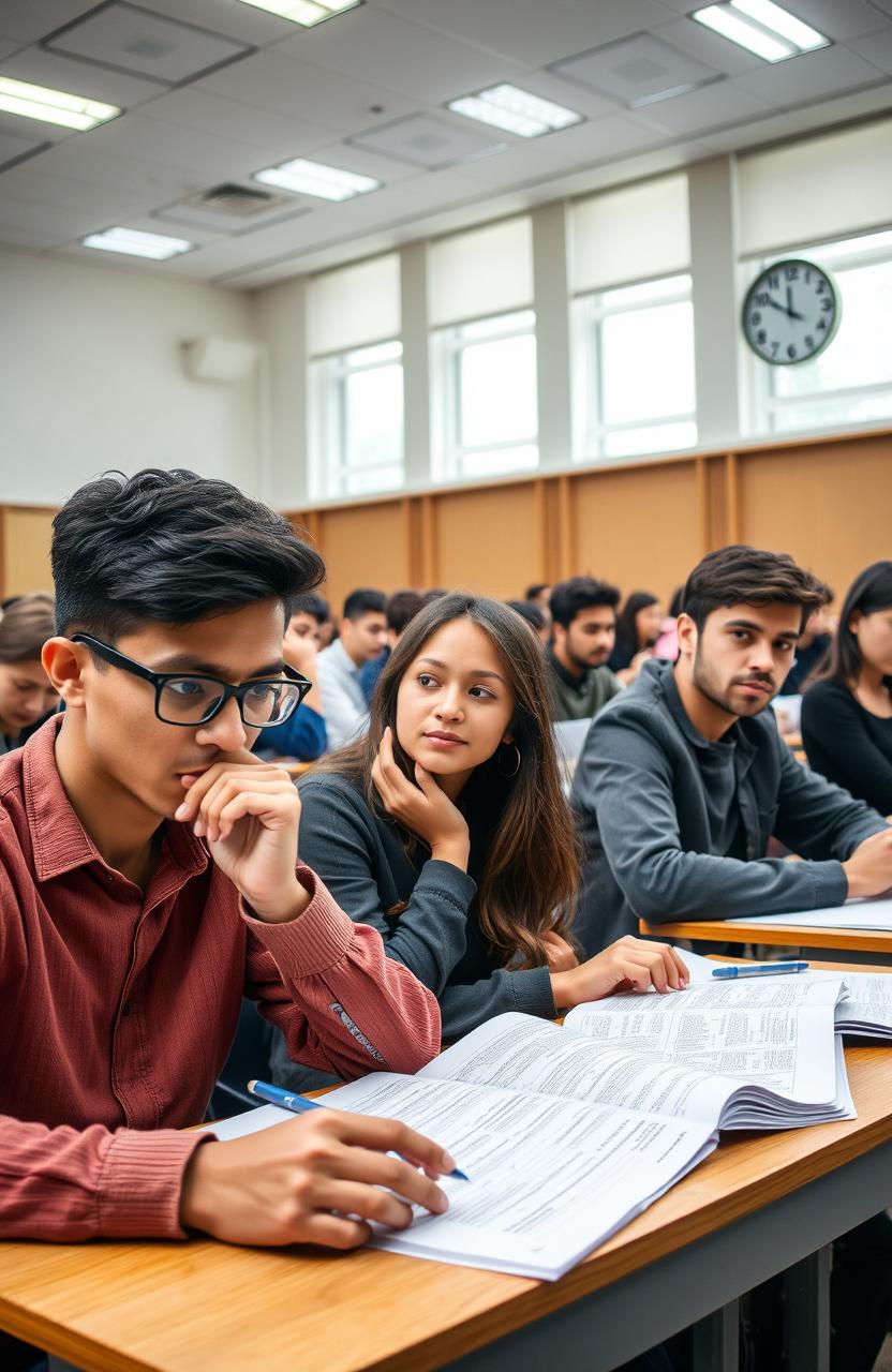 An image depicting a competitive exam setting, with a diverse group of focused students sitting at individual desks in a large lecture hall