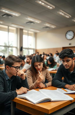An image depicting a competitive exam setting, with a diverse group of focused students sitting at individual desks in a large lecture hall