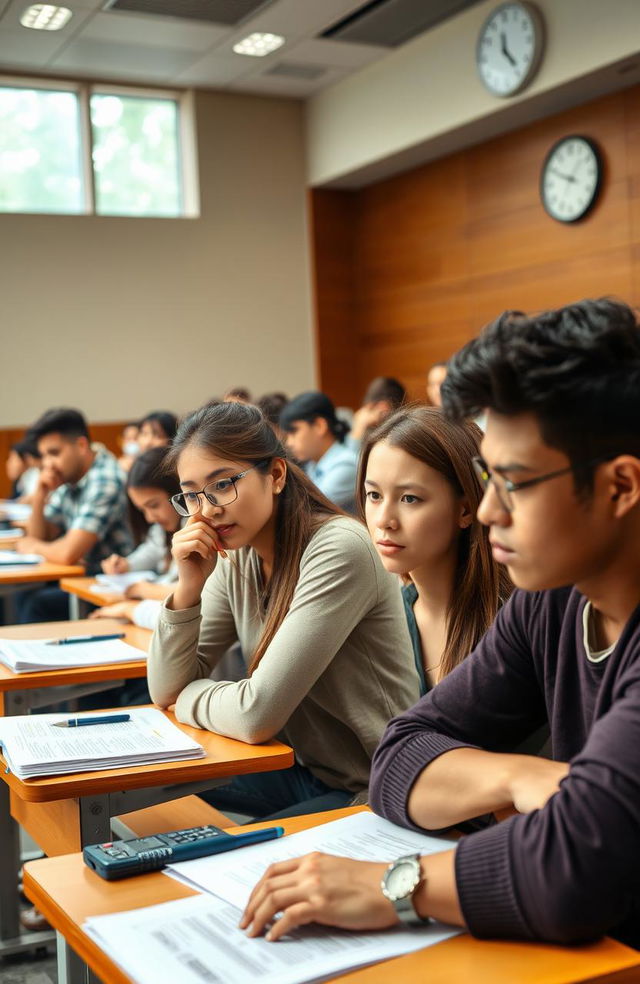 An image depicting a competitive exam setting, with a diverse group of focused students sitting at individual desks in a large lecture hall