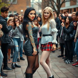 In a lively schoolyard scene, a sexy, hot, beautiful, stunning, and curvy tattooed girl with striking black hair and captivating crystal blue eyes commands attention