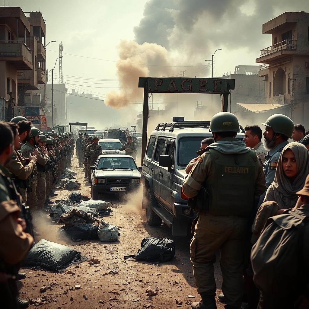 A dramatic and intense scene depicting a military checkpoint during a tense moment, with soldiers in military uniforms on one side and a group of civilians on the other