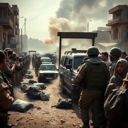 A dramatic and intense scene depicting a military checkpoint during a tense moment, with soldiers in military uniforms on one side and a group of civilians on the other