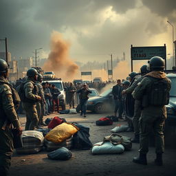 A dramatic and intense scene depicting a military checkpoint during a tense moment, with soldiers in military uniforms on one side and a group of civilians on the other