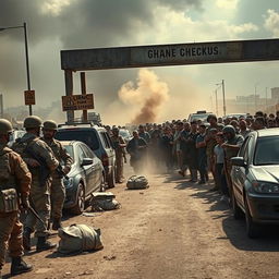 A dramatic and intense scene depicting a military checkpoint during a tense moment, with soldiers in military uniforms on one side and a group of civilians on the other