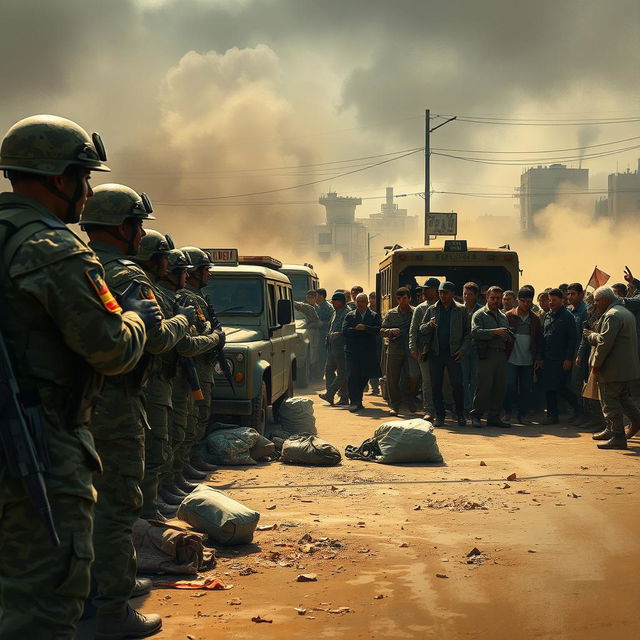 A dramatic and intense scene depicting a military checkpoint during a tense moment, with soldiers in military uniforms on one side and a group of civilians on the other