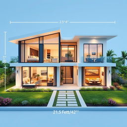 A stunning visual representation of a dream home designed in 3D mapping, with dimensions of 21