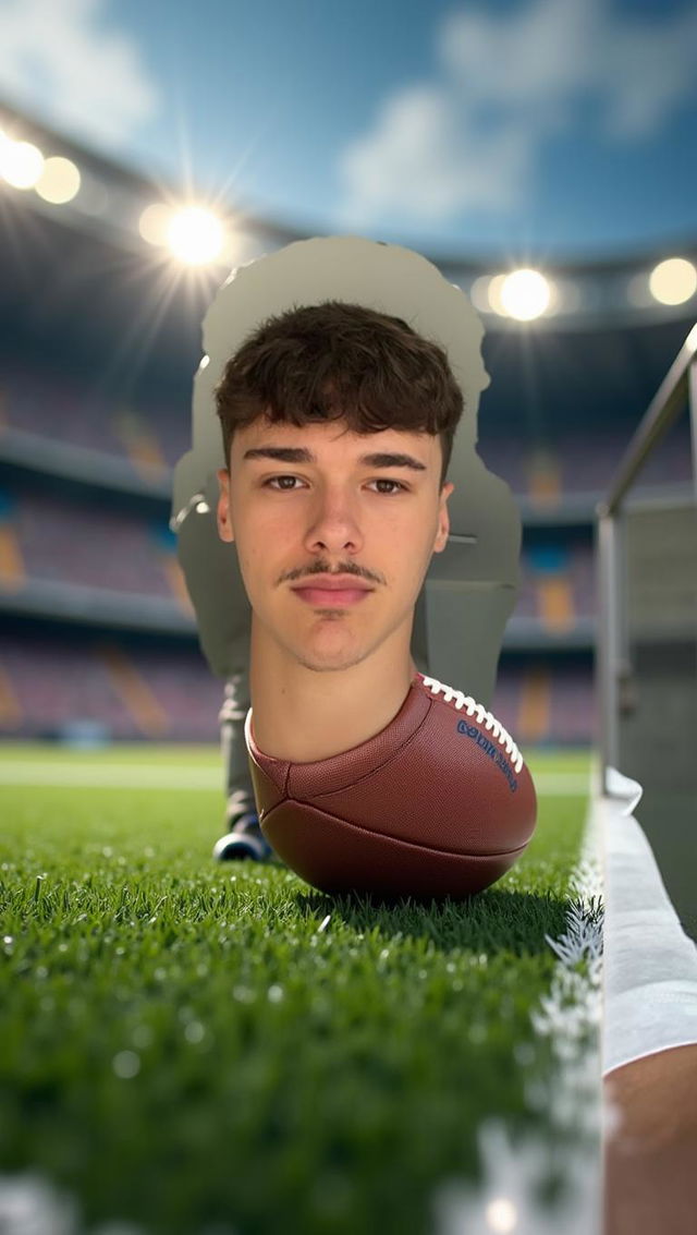 A young man wearing a football jersey, posing confidently in front of a vibrant football field background