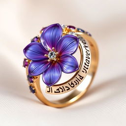 A beautifully designed ring featuring a central violet flower, intricately crafted with delicate petals