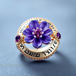 A beautifully designed ring featuring a central violet flower, intricately crafted with delicate petals