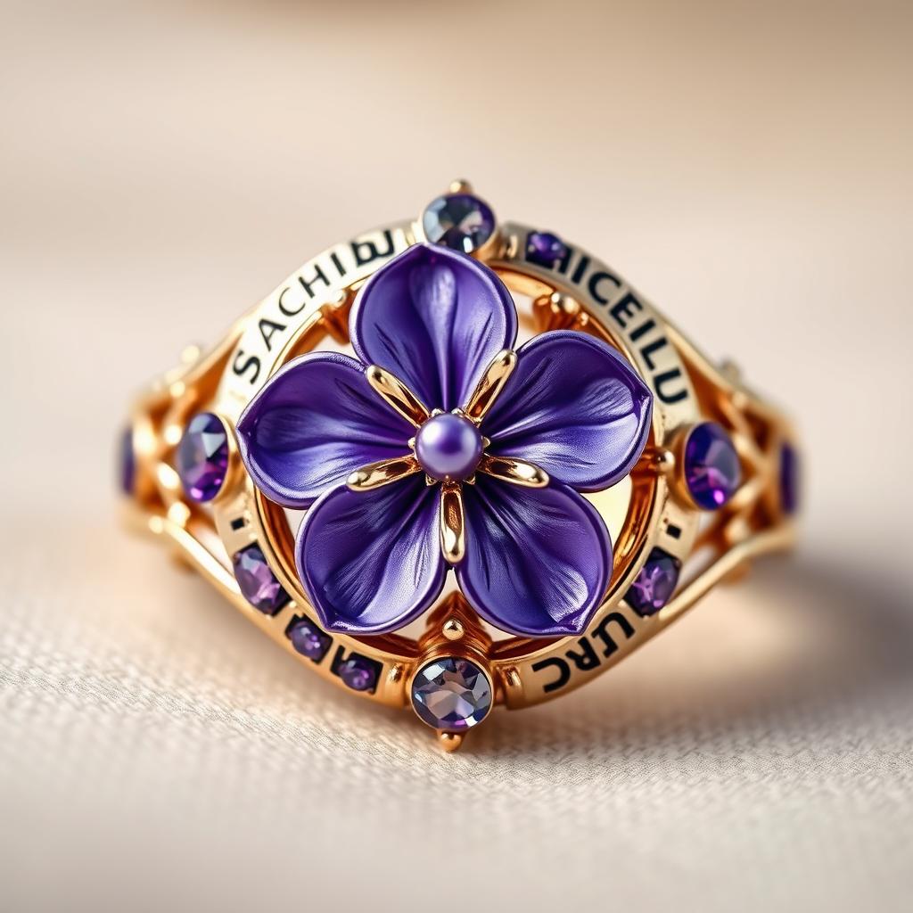 A beautifully designed ring featuring a central violet flower, intricately crafted with delicate petals