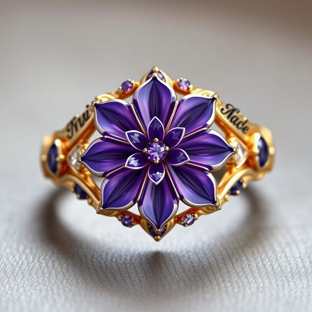 A beautifully designed ring featuring a central violet flower, intricately crafted with delicate petals