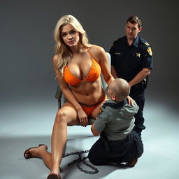 A gorgeous blonde woman with captivating beauty, sitting on a chair while chained to the floor, wearing a striking orange bikini that accentuates her curves