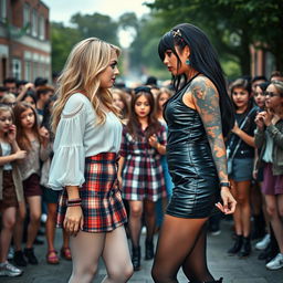 In an intense schoolyard scene, a sexy, hot, beautiful, stunning, and curvy tattooed girl with striking black hair and crystal blue eyes displays her energy and confidence