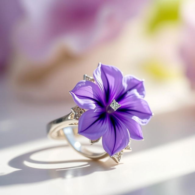 A beautifully designed ring featuring a stunning violet flower centerpiece, intricately crafted with delicate petals and vibrant colors