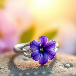 A beautifully designed ring featuring a stunning violet flower centerpiece, intricately crafted with delicate petals and vibrant colors