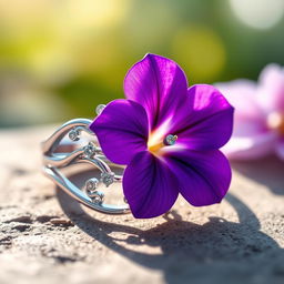 A beautifully designed ring featuring a stunning violet flower centerpiece, intricately crafted with delicate petals and vibrant colors