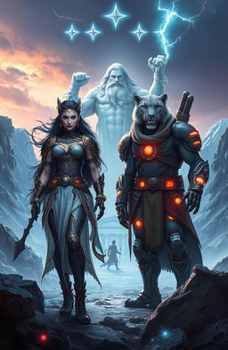 An epic action fantasy scene depicting a mythological princess of the underworld, characterized by mystical features and a regal appearance, standing beside a rugged snow leopard farmer with a strong physique, both preparing for a thrilling quest