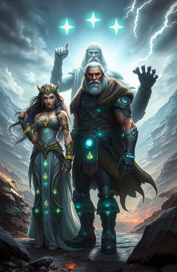 An epic action fantasy scene depicting a mythological princess of the underworld, characterized by mystical features and a regal appearance, standing beside a rugged snow leopard farmer with a strong physique, both preparing for a thrilling quest