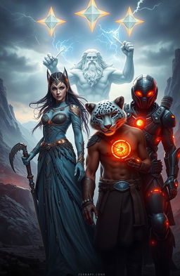 An epic action fantasy scene depicting a mythological princess of the underworld, characterized by mystical features and a regal appearance, standing beside a rugged snow leopard farmer with a strong physique, both preparing for a thrilling quest