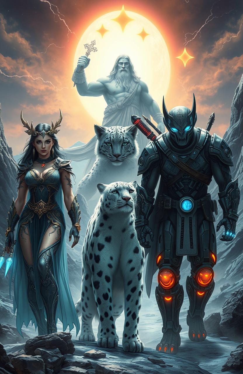 An epic action fantasy scene depicting a mythological princess of the underworld, characterized by mystical features and a regal appearance, standing beside a rugged snow leopard farmer with a strong physique, both preparing for a thrilling quest