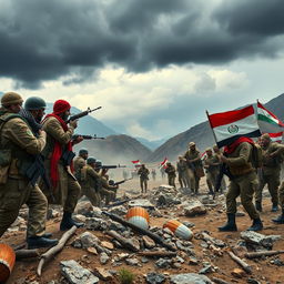 A dramatic scene depicting a fictional conflict between armed forces representing Iraq and Kurdish warriors in mountainous terrain