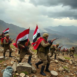 A dramatic scene depicting a fictional conflict between armed forces representing Iraq and Kurdish warriors in mountainous terrain