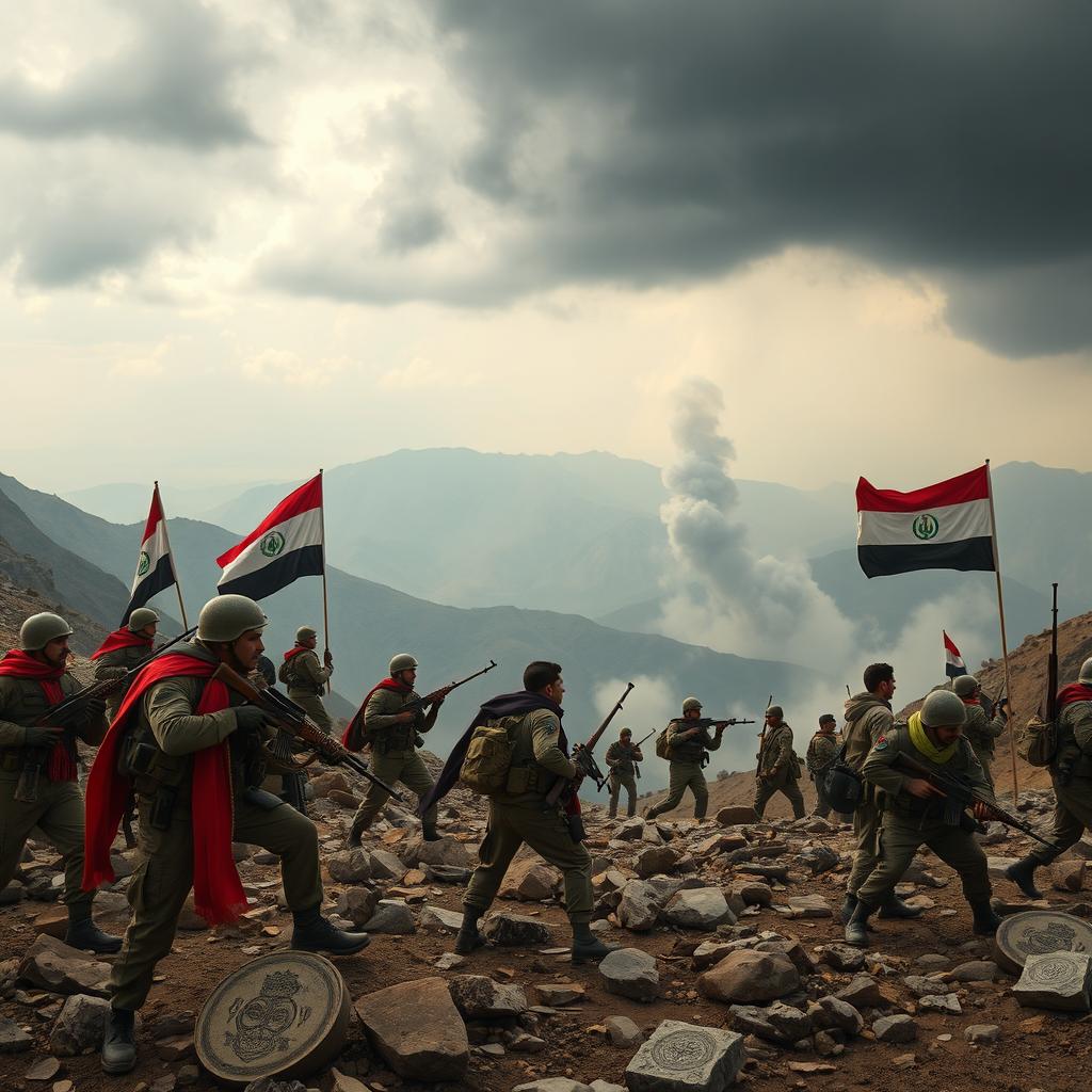 A dramatic scene depicting a fictional conflict between armed forces representing Iraq and Kurdish warriors in mountainous terrain