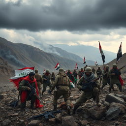A dramatic scene depicting a fictional conflict between armed forces representing Iraq and Kurdish warriors in mountainous terrain