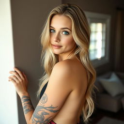 A young blonde woman with a striking full sleeve tattoo on her left arm poses confidently in a stylish swimsuit against a neutral wall in her cozy home