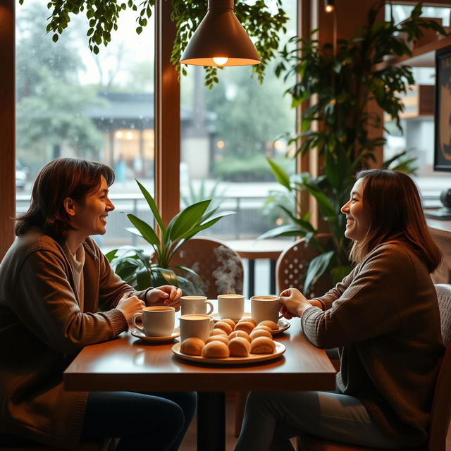 A warm and inviting coffee shop scene with three friends sitting at a cozy table, enjoying coffee and pastries