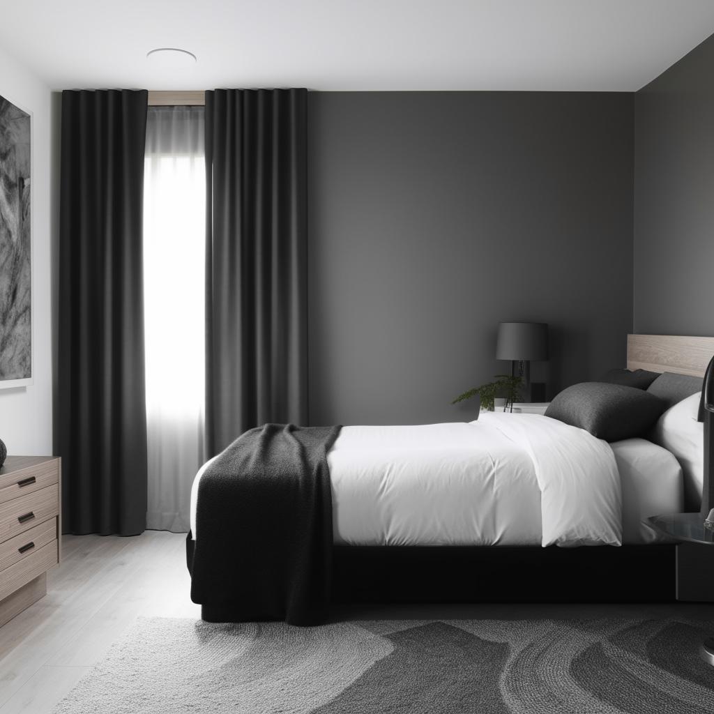 Modern interior of a bedroom with a monochrome theme