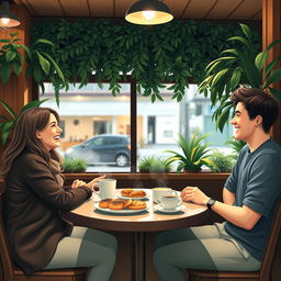 A warm and inviting coffee shop scene with three friends sitting at a cozy table, enjoying coffee and pastries