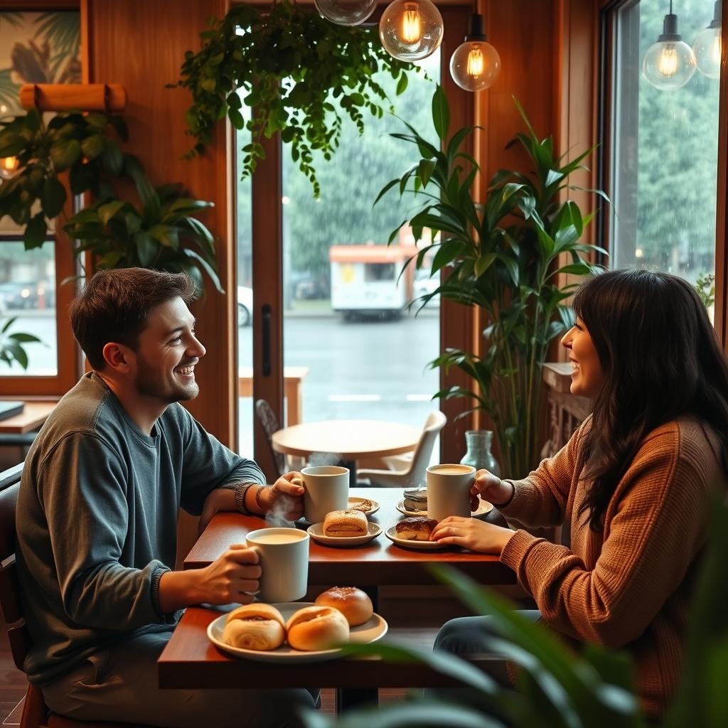 A warm and inviting coffee shop scene with three friends sitting at a cozy table, enjoying coffee and pastries