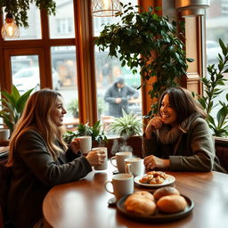 A warm and inviting coffee shop scene with three friends sitting at a cozy table, enjoying coffee and pastries